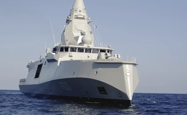 Starboard bow view of Kimon F-601 frigate showing hull and superstructure