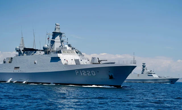 First two Hisar-class offshore patrol vessels sailing side by side at sea